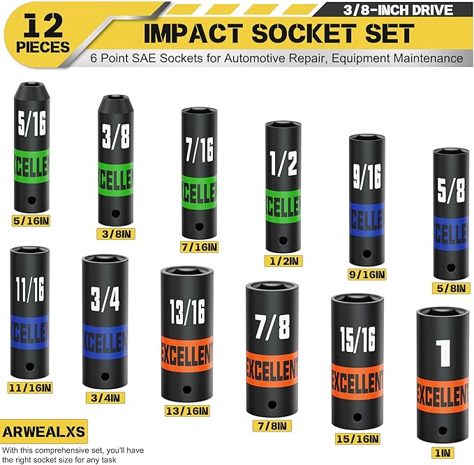 12 Pieces 3/8-Inch Drive Impact Socket Set, 5/16" to 1" Deep Socket, 6 Point SAE Sockets for Automotive Repair, Equipment Maintenance
