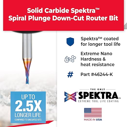 Amana Tool Solid Carbide Spektra Extreme Tool Life Spiral Plunge Router Bit Down-Cut, 46244-K, 3/32 Dia x 1/4 CH x 1/4 Shank 2 Inch L