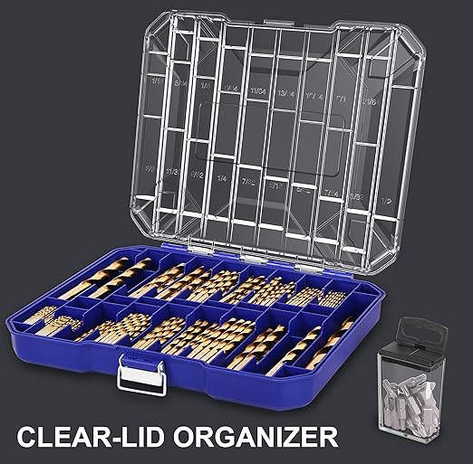 276pc Titanium Twist Drill Bit Set with S2 Bits 135째 Tip High Speed Steel, Size from 1/16" up to 1/2", Ideal in Wood Cast Iron Aluminum Alloy Plastic Fiberglass, Clear Lid Case