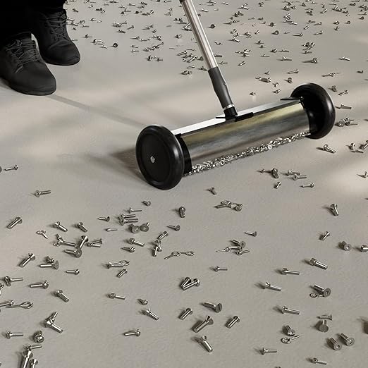 Master Magnetics Magnetic Sweeper with Wheels - Mini Push-Type with Release and Telescoping Handle - Powerful Magnetic Tool for Yard - Pick Up Nails and Other Metal Debris - Strong 35 lb Pull - 13”