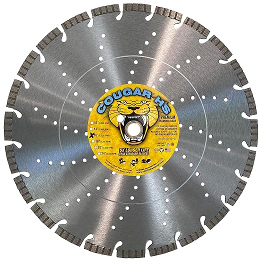 Cougar HS 16 Inch Diamond Concrete Saw Blade, Premium General Purpose Segmented Blade, Dry/Wet Cutting Concrete, Masonry, Brick, & Block 1"-20mm Arbor