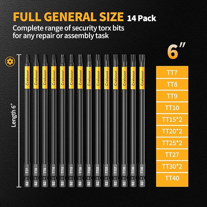 14PCS Impact Long Torx Bit Set, 6-Inch, T7?밫40, Tamper Proof Star Bits Set, Magnetic Security Torx Bit Set with 1/4 Inch Hex Shank, S2 Steel, Ideal for Automotive, DIY, Electronics