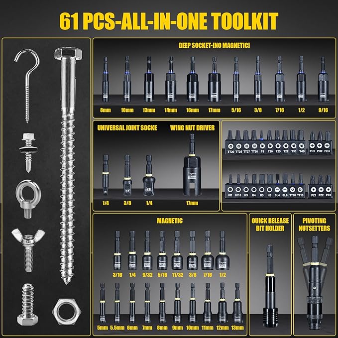 60pcs Magnetic Nut Driver Set for Impact Drills - Deep Nut Drivers, Metric & SAE Socket Adapters, Bit Extension, 1/4'' Quick Change, Wing Nut Driver, Pivoting Nutsetter, S2 Steel Bits, Upgraded Box