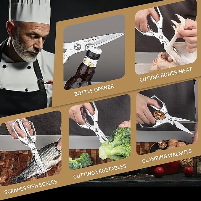 Kitchen Scissors for Food Japanese - Poultry Shears, Japanese All Purpose Heavy Duty for Chicken Wing/Bone, Meat, Quail, Fish, Turkey, Vegetables, Stainless Steel Cooking Aid Scissors, Dishwasher Safe