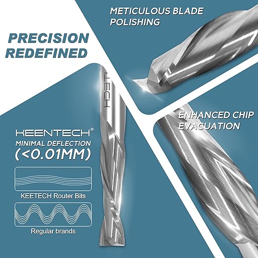 KEENTECH 3/8" Shank Upcut 2 Flute Flat Tip Sprial Router Bit for CNC Router Machine, 3/8" Cutting Diameter, 1-1/8" Cutting Depth, for Wood Cutting, Custom Furniture, Slot Mortise, Engraving, Carving