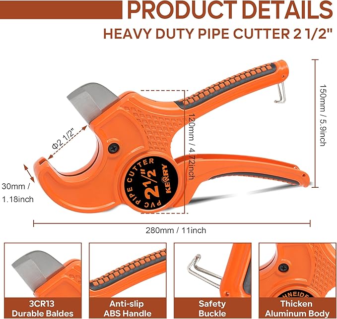 Kerry PVC Pipe Cutter, Up to 2-1/2" O.D. Ratcheting Heavy-Duty PEX POLY PE Plastic Hoses and Plumbing Tube Cutting Tool, Stainless Steel Blades, Thicken Aluminum Body Efficient Extended Handle