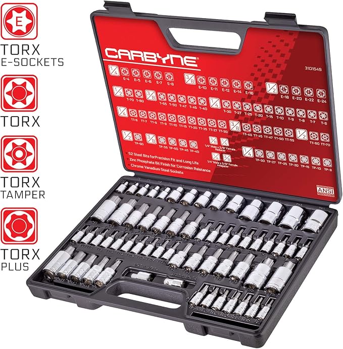 CARBYNE 62-Piece Master Torx Bit Socket Set & External (eTorx) Socket Set, Includes T6 - T70, TT6 - TT70, TP8 - TP60, E4 - E24| S2 Steel Bits, Cr-V Sockets, Durable Case | 1/4, 3/8, & 1/2 in. Drive