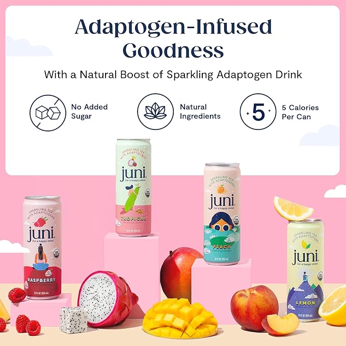 Juni Sparkling Adaptogen Drink with Ashwagandha, Lion?셲 Mane & Reishi Mushrooms, Green Tea for Focus, Zero Sugar, 10 Calories, Organic Non Alcoholic Drinks - Lemonade Iced Tea 12 pack
