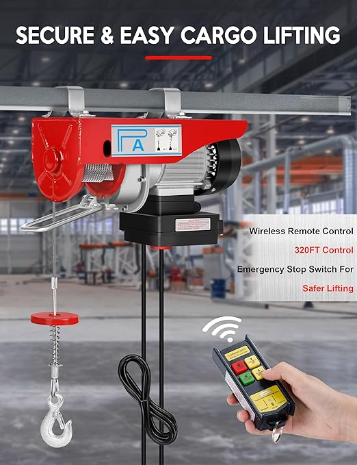 RENGUE 1320LBS Electric Hoist, 110V Winch with Wireless Remote Control, 1150W Electric Lift Single/Double Slings 38ft Lifting Height with Emergency Stop for Garage Ceiling Crane Overhead Factory