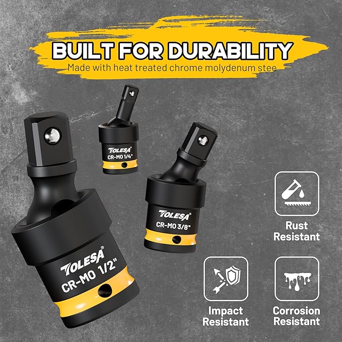 TOLESA Swivel Socket Set, Impact Universal Joint-Socket Set, 1/2", 3/8", 1/4" Flexible Socket Swivel Set Premium CR-MO Steel U Joint Adapter Wobble
