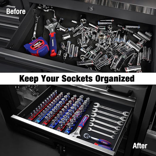 WORKPRO Magnetic Socket Organizer, 1/2-Inch Drive Aluminum Alloy Sockets Rail, Heavy Duty Sockets Holder, Socket Rack Kit 1/2-Inch x 10 Clips (Red)