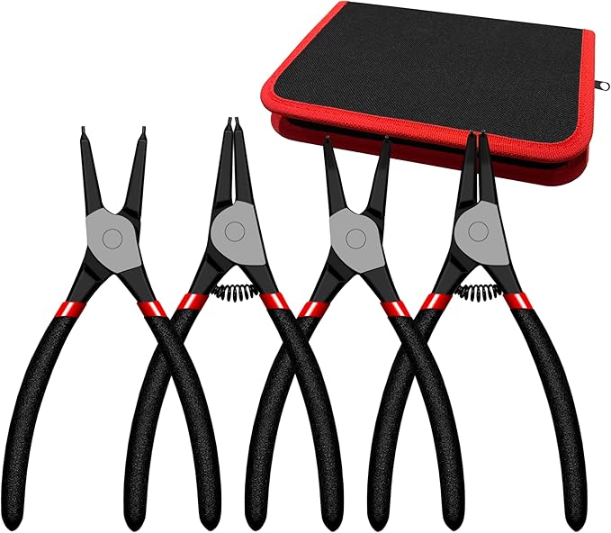C&T 4-Piece Snap Ring Pliers Set, 7" Internal & External Circlip Pliers Kit (Straight & Bent Jaw),CR-V Steel, for Retainer Removal, Includes Storage Pouch