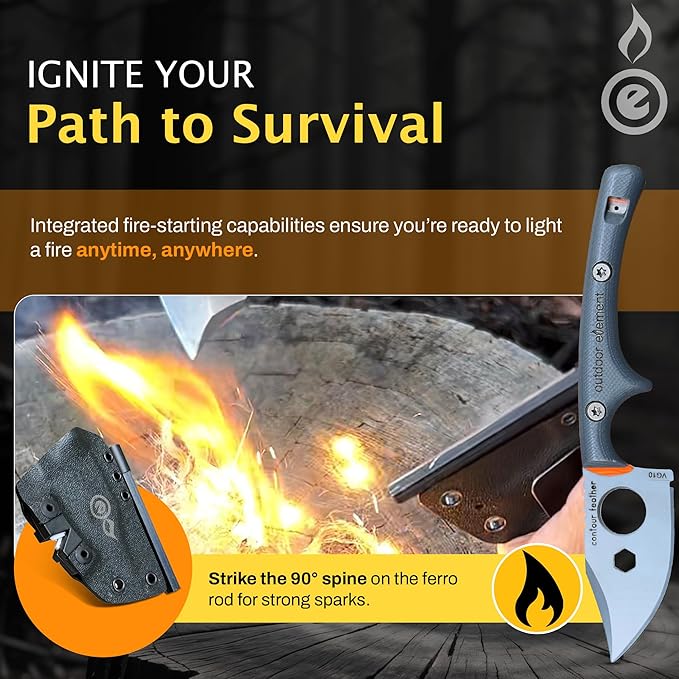 OUTDOOR ELEMENT Contour Feather Survival and Culinary Knives ??VG10 Steel Fixed Blade with Fire Starter, Hex Driver, Knife Sharpener, Sheath & Built in Whistle - Built For Camping & Outdoor Adventure