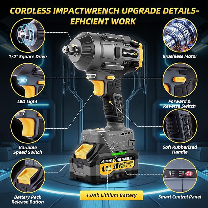 1500Nm Cordless Impact Wrench, 1107ft-lbs Brushless Impact Gun with 2x4.0Ah Battery,1/2" 20V High Torque Pistola De Impacto with 6 Socket & Extension Rod, Electric Taladros for Truck/Car/Mower