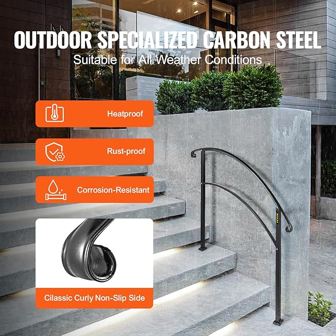 VEVOR Adjustable Metal Staircase Handrail for Outdoor Steps, 2-3 Steps Black Arch#1, Thickened Stair Railings for Porch, Deck