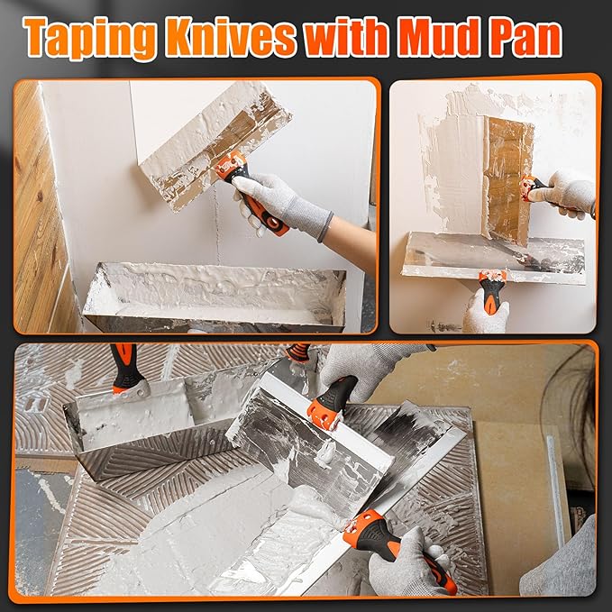 THINKWORK Drywall Knife Set, 10Pcs Drywall Tools Include Stainless Steel Putty Knife Set, Taping Knives, Painter Scraper, 14" Mud Pan and Scoop, Spackle Tool Kit for Joint Taping, Finishing, Patching