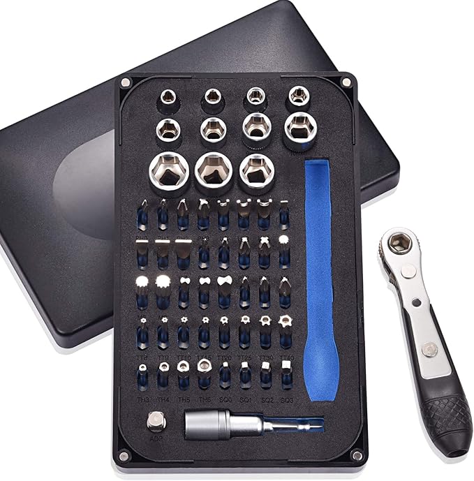 54in1 S2 Steel Mini Ratchet Wrench Screwdriver Bit Set with 1/4" Hex Shank Bits, 1/4" Drive Socket, Socket Adapter, Extension Bit Holder, 36-Tooth, 90 Degree Offset Reversible Drive Handle