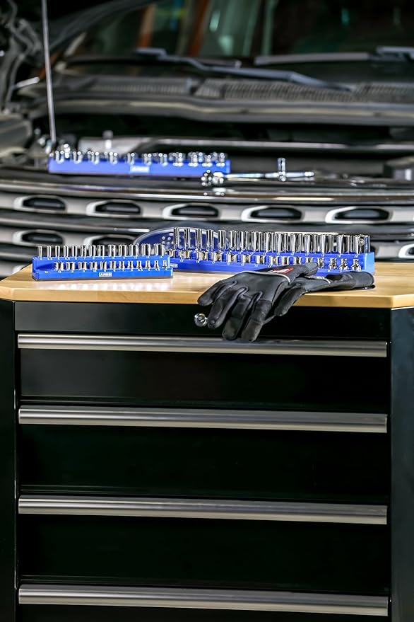 ARES 60036-3-Piece Blue Metric Magnetic Socket Organizer Set - Includes 1/4-Inch, 3/8-Inch, and 1/2-Inch Socket Holders - Holds Standard Size and Deep Size Sockets - Keeps Your Tool Box Organized