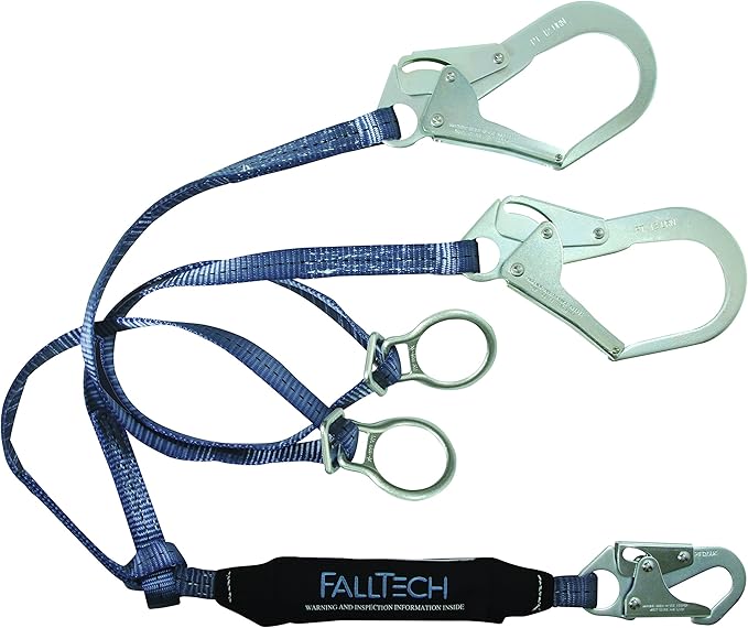 FallTech 8260732D ViewPack, Web SAL - Y-Leg for 100% Tie-Off with 1 Snap Hook and 2 Rebar Hooks, and 2 Tie-Back D-Rings, 6', Blue/Black