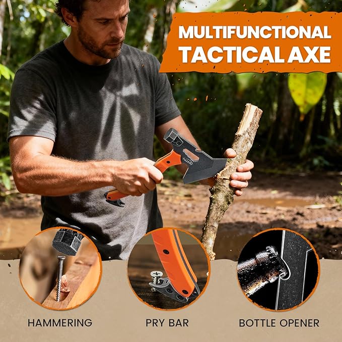 Tactical Axe with G10 Handle Camping Survival Hatchet, Multifunctional Outdoor Hiking Heavy Duty Full Tang Tomahawk Tools with Hammer, Unique Design Crowbar, Leather Sheath (Orange)
