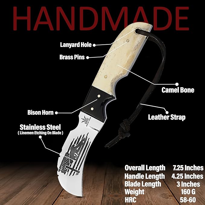 Handmade Stainless Steel Lineman’s Hawkbill knife with Leather sheath, Heavy Duty Utility Knife blade Electrician Wire Skinning knife for professional,