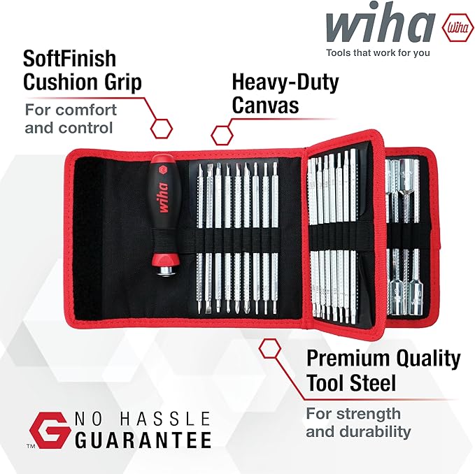 Wiha 28188 Drive-Loc VI Wallet Set, 32 Piece, Phillips, Slotted, Square, Torx, Hex & Nut Drivers, SoftFinish Handle