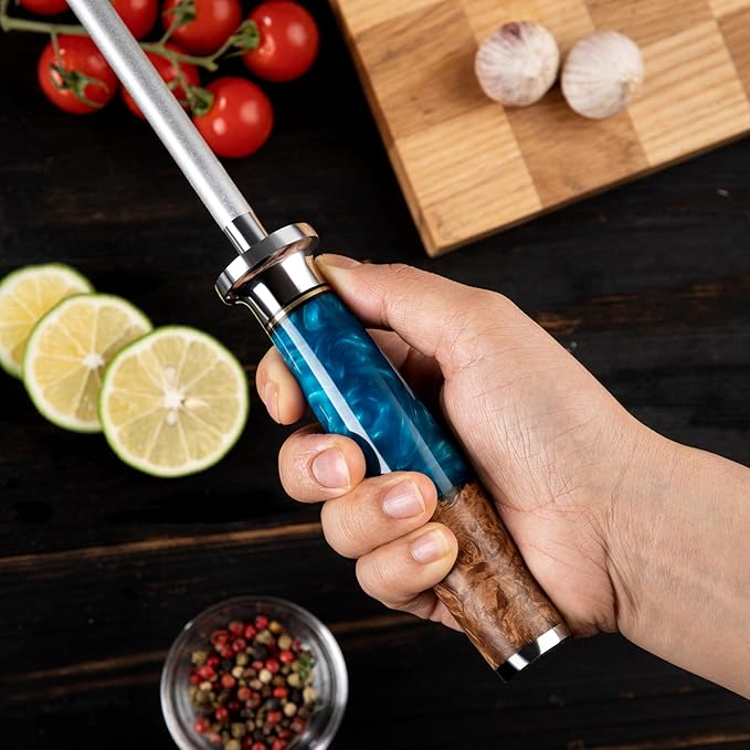 Executive 8-Inch Diamond Sharpening Rod | Blue Resin & Stabilized Wood Handle | Professional Knife Sharpening