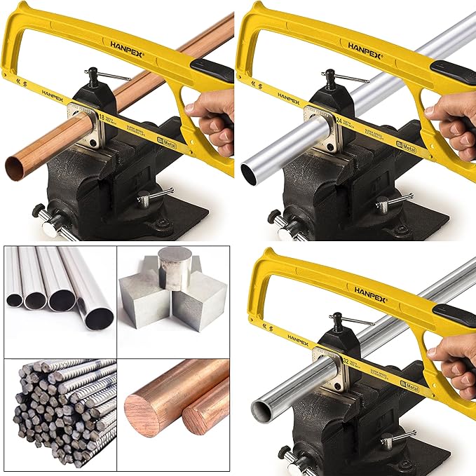 12in. High-Tension Hacksaw Frame with 10pcs Extra Bi-metal Blades, Hand Saw Suitable for Metal, wood, PVC, Carpentry