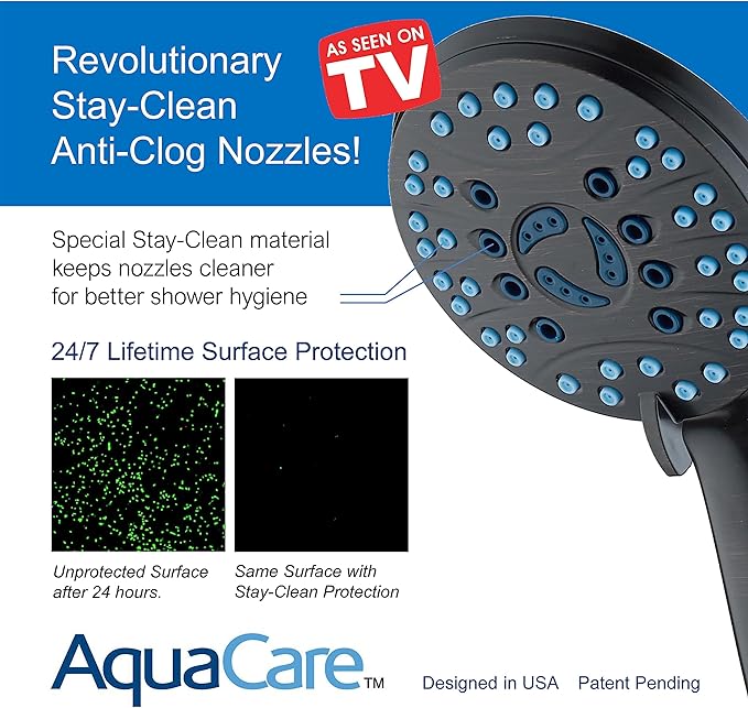Hotel Spa AquaCare High Pressure 8-mode Handheld Shower Head, Anti-clog Nozzles - Built-in Power Wash to Clean Tub, Tile & Pets, Extra Long 6 ft. Stainless Steel Hose, Wall & Overhead Brackets