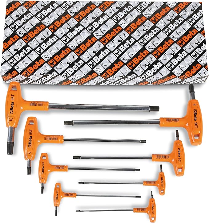 Beta 96T Metric T-Handle Hex Key Wrench Set 2-10mm | High Torque Ergonomic Allen Wrench with Dual Hex Tips | Drop Prevention Hole | Industrial Strength | Made in Italy