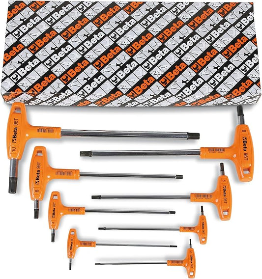 Beta 96T Metric T-Handle Hex Key Wrench Set 2-10mm | High Torque Ergonomic Allen Wrench with Dual Hex Tips | Drop Prevention Hole | Industrial Strength | Made in Italy