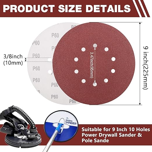 50 Pack 9-Inch 10-Hole Hook-and-Loop Sanding Disc, 60 Grit Aluminum Oxide Drywall Sandpaper for ??" Drywall Sander Pads Ceiling Wood Floor