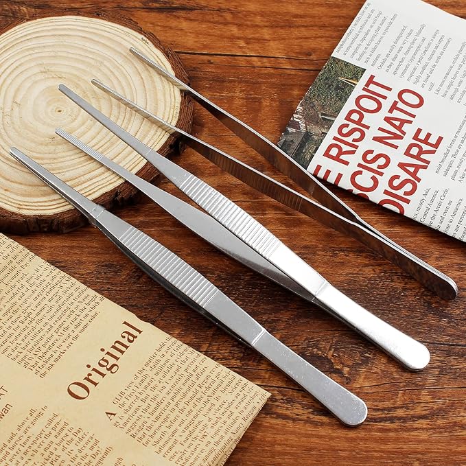 4Pcs 8 Inch Stainless Steel Tweezers, Long Tweezers with Precision Serrated Straight Tips, Non-slip Multitool Tweezer for Cooking, Repairing, Medical, Garden