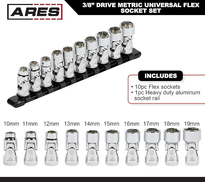 ARES 39015 ??10-Piece 3/8-Inch Drive Metric Universal Flex Socket Set ??6-Point Sockets from 10mm to 19mm - Universal Joint Flex Design For 360 Degree Access ??High Visibility Laser Markings