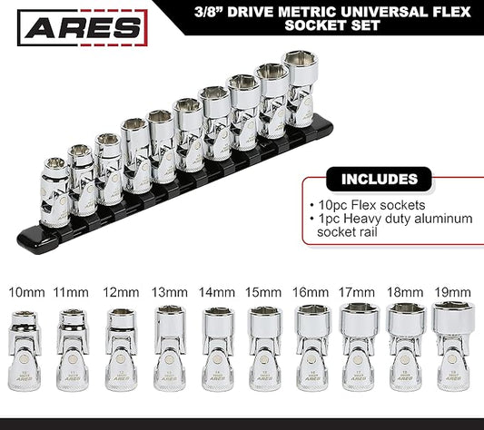 ARES 39015 ??10-Piece 3/8-Inch Drive Metric Universal Flex Socket Set ??6-Point Sockets from 10mm to 19mm - Universal Joint Flex Design For 360 Degree Access ??High Visibility Laser Markings