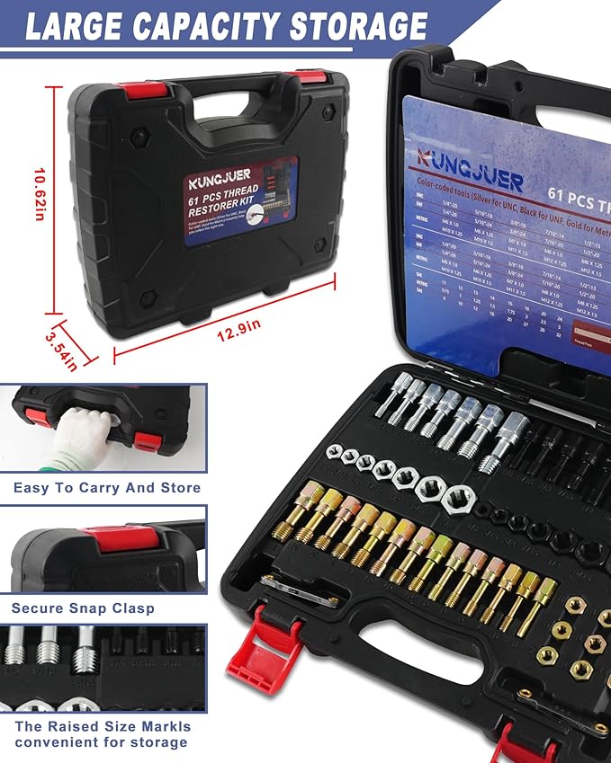 61PCS Master Thread Rethreading Kit，Thread Restorer Tool UNC, UNF & Metric Thread Chaser Set with Thread Pitch Gauge, Designed to Repair or Reshape Damaged Threads on Bolts, Screws, or Nuts