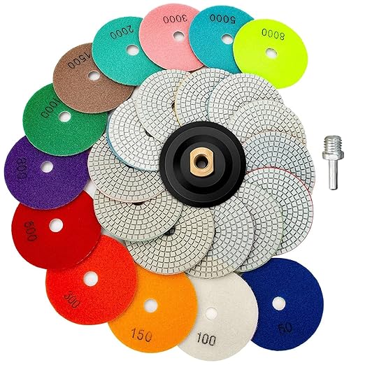 13 Packs 4 Inch Diamond Polishing Pads with 5/8?쇺?11 Backer Pad 12PCS Wet/Dry Polish Pad Kit for Drill Grinder Polisher 50-8000 Grit Pads for Granite Marble Concrete Stone Countertop Quartz Polishing