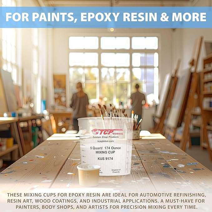 Custom Shop Paint Mixing Cups, 5-Quart (12 Pack) - Plastic Measuring Cups for Liquids, Automotive Painting, Epoxy Resin, Acrylic Arts, Crafts, Disposable or Reusable, Graduated, Mixing Ratios