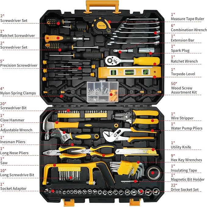 Tool Set with Screwdrivers, Ratchet Wrenches, Socket Wrenches, Hand Saw, Hammer ??General 168-Piece Tool Kit for Home, Car, Dorm, Motorcycle, Plumbing Repairs