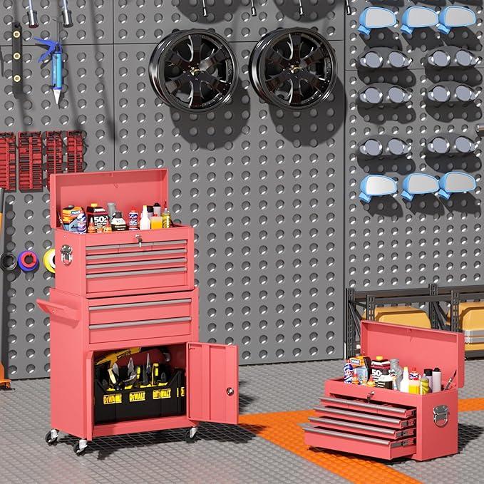 INTERGREAT Tool Chest, Tool Cabinet with 8 Drawers, Detachable Organized Tool Chests, Lockable Tool Cabinet for Workshop, Warehouse, Mechanics Garage (Pink)