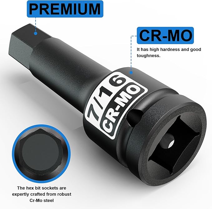 1/2" Drive H7/16-Inch Impact Hex Bit Socket, SAE Allen Bit Socket, Cr-Mo Steel, Removing Loosening Hexagon Bolts