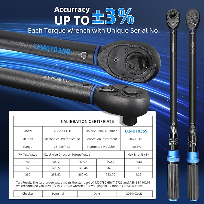 UYECOVE 1/2-Inch Drive Click Torque Wrench, Dual-Direction Click Professional Torque Wrench 40-300FT.LB/33.9-339N.M, Dual Range Scales Graduated in FT.LB and N.M, Blue