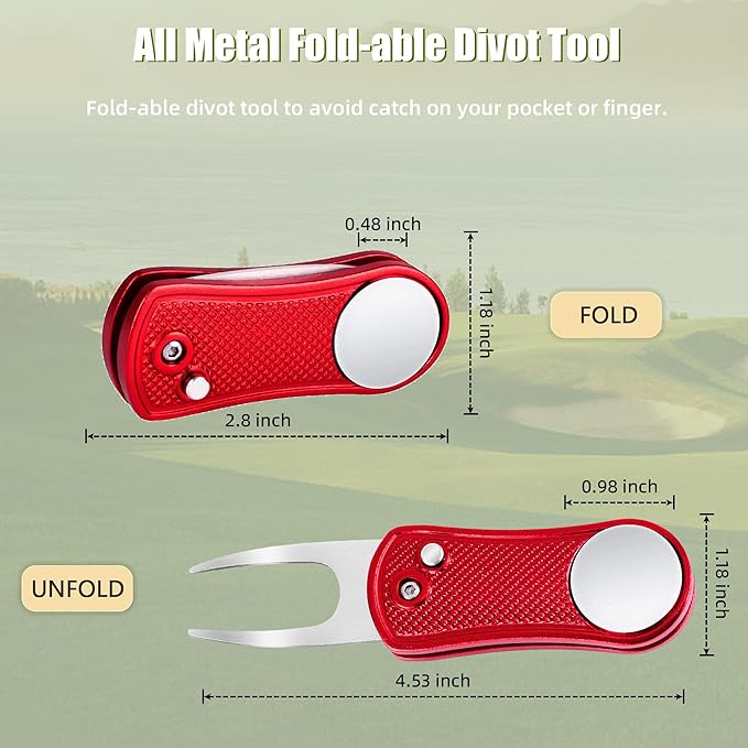 Mile High Life Golf Divot Repair Tool, All Metal Foldable Divot Tool with Pop-up Button & Magnetic Ball Marker