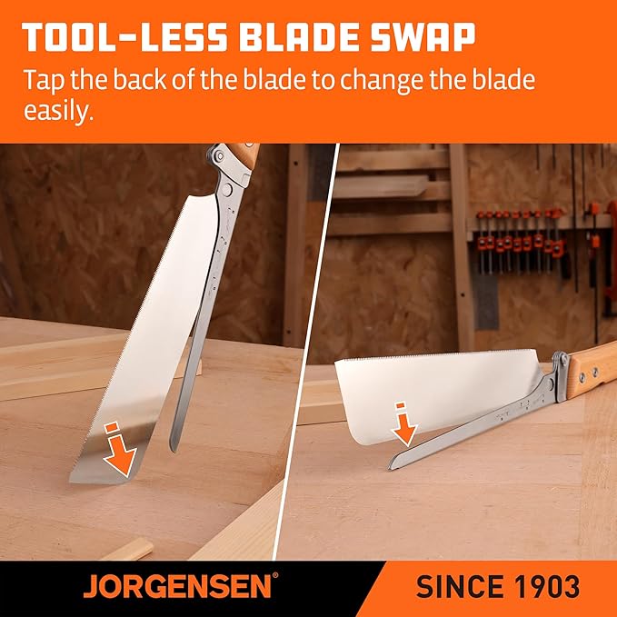 JORGENSEN Japanese Pull Saw, 9.5 Inch Pro Folding Dovetail Saw with Beech Wood Long handle, SK5 Steel Blade Tool-less Quick Change, 21TPI Cross Cut Woodworking Handsaw for Hardwood, Softwood