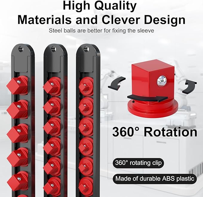 FivePears 3PCS 360째 Socket Organizer Twist Lock,3/8 1/4 1/2 Socket Storage Rails, Premium Quality Socket Holders for Tool Box 竊똖ool Carts竊똂ontains up to 40 Clips (Blue, Red and Black)