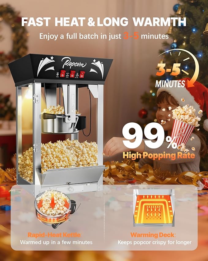 12 Oz Commercial Popcorn Machine, 850 W, Movie Theater Popcorn Machine, Black Tabletop Pop corn Machine with 3-Switch Control & Steel Frame Tempered Glass Doors for Home Theater