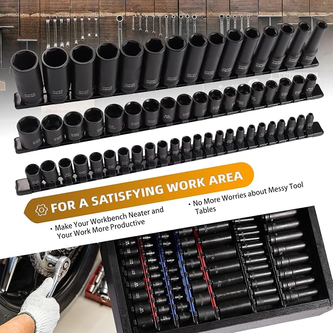 ALOANES 3-Piece Aluminum Alloy Socket Organizer, Heavy Duty Socket Racks, Socket Holder Kit for Toolbox Drawer Fit 1/2, 3/8, 1/4-Inch Socket Holder x 58 Clips (Black)