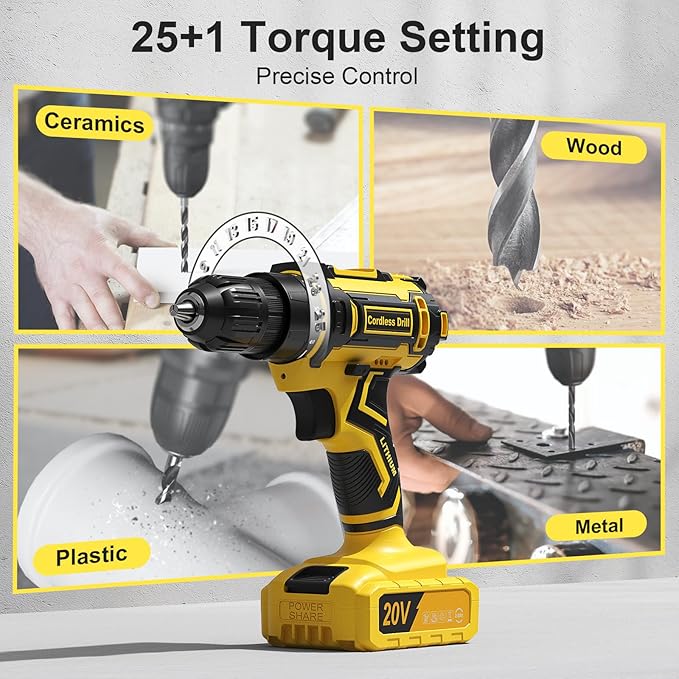 Cordless Drill Set, VIWKO 20V Power Drill with Power Pack 2.0Ah and Charger, 3/8-Inch Keyless Chuck Electricdrill, 25+1 Torque, 42pcs Drilldriver Bits/Screws for DIY Projects (Yellow)