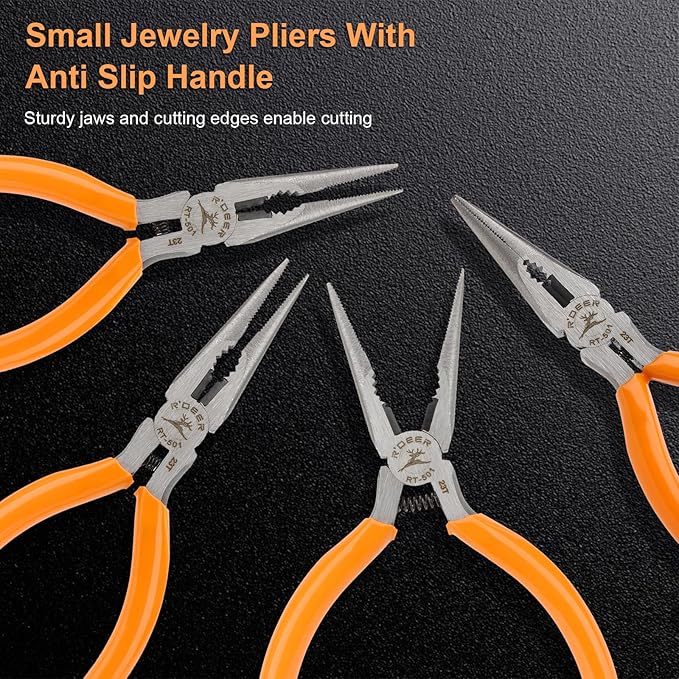 Rongon Spring-Loaded Needle Nose Pliers 4-Piece Set - 5 Inch Thin Tip Jewelry Tools with Non-Slip Grips | Professional Craft Pliers for Jewelry Making, DIY, Electronics & Wire Working (4 Pcs)