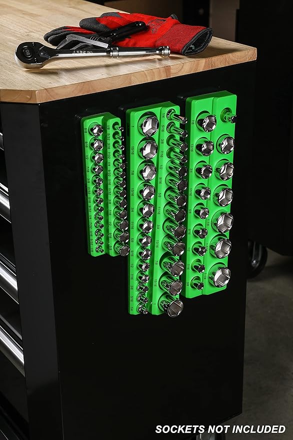 ARES 60007-26-Piece 3/8 in SAE Magnetic Socket Organizer -GREEN -Holds 13 Standard (Shallow) and 13 Deep Sockets -Perfect for your Tool Box -Also Available in RED